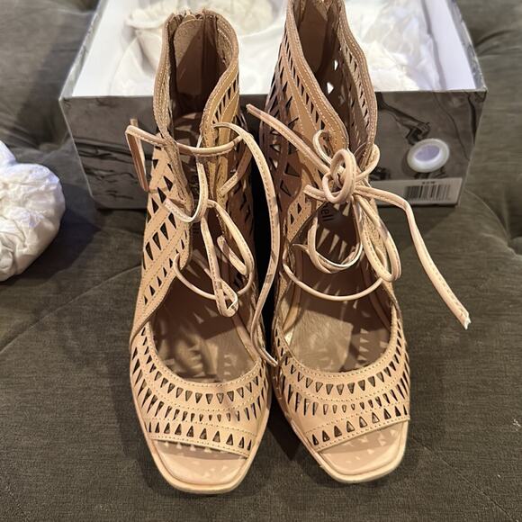 Jeffery Campbell | ‘Rodillo Hi’ Nude Leather Geometric Cut-Out Wedge Sandals 8.5 - Picture 8 of 9